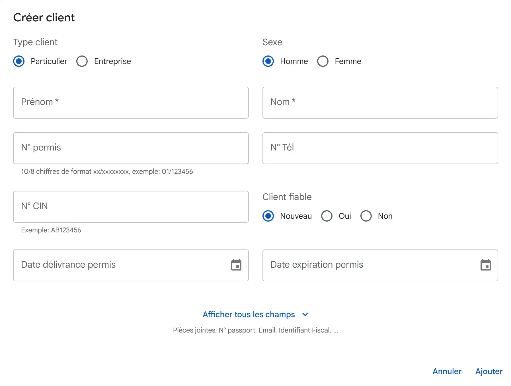 Formulaire de fiche client dans Locapp